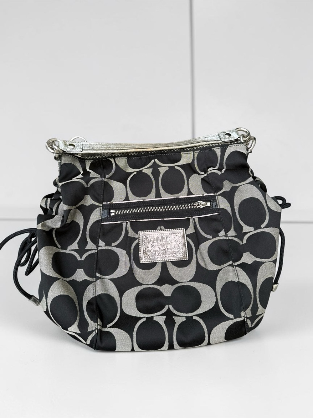 Coach Black & Silver Signature Drawstring Shoulder Bag
